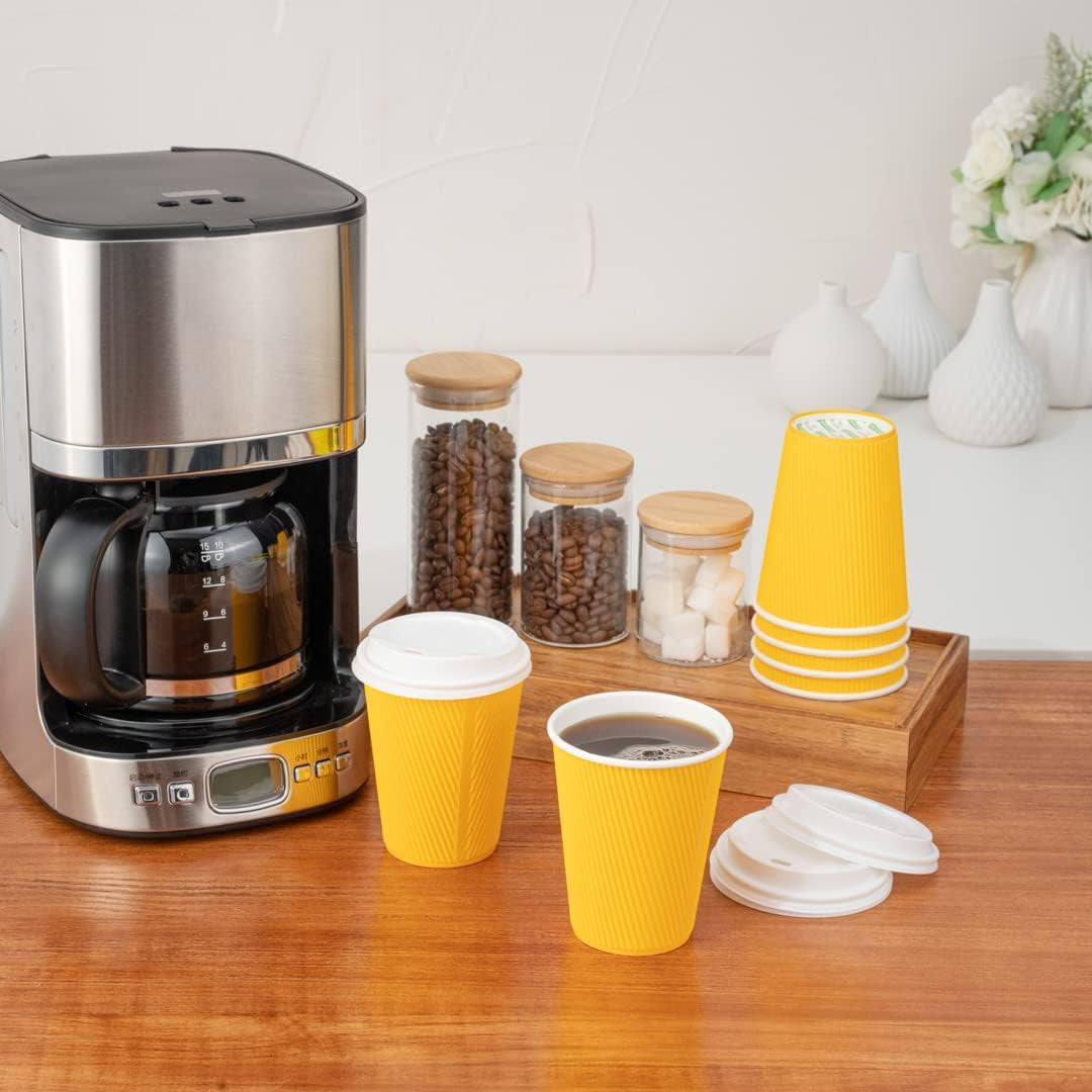 -12 Ounce Paper Coffee Cups, 25 Ripple Wall Disposable Paper Cups - Leakproof, Recyclable, Yellow Paper Hot Cups, Insulated, Matching Lids Sold Separately