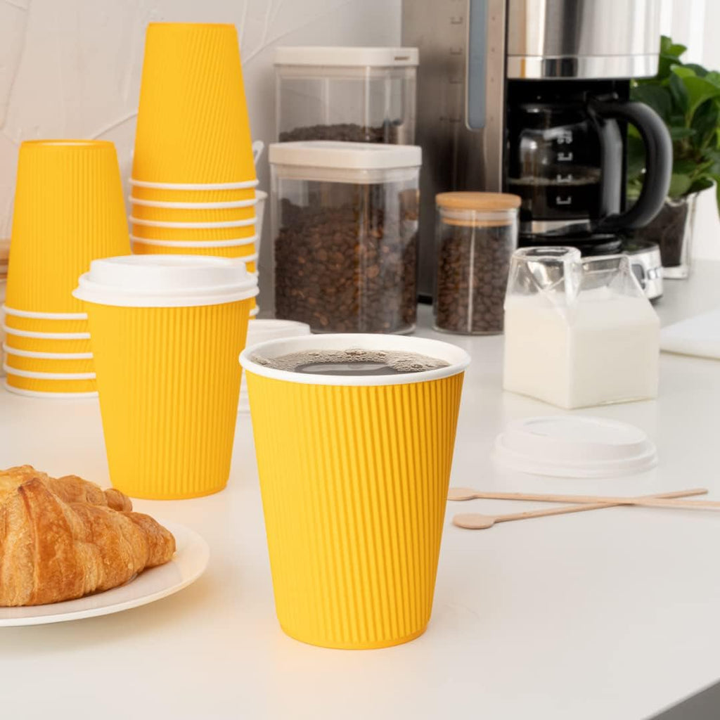 -12 Ounce Paper Coffee Cups, 25 Ripple Wall Disposable Paper Cups - Leakproof, Recyclable, Yellow Paper Hot Cups, Insulated, Matching Lids Sold Separately