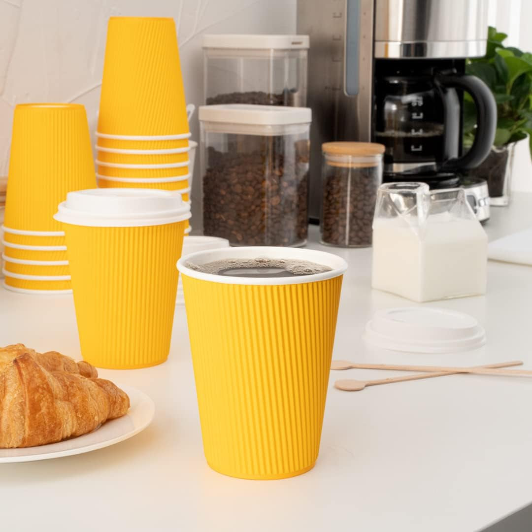 -12 Ounce Paper Coffee Cups, 25 Ripple Wall Disposable Paper Cups - Leakproof, Recyclable, Yellow Paper Hot Cups, Insulated, Matching Lids Sold Separately
