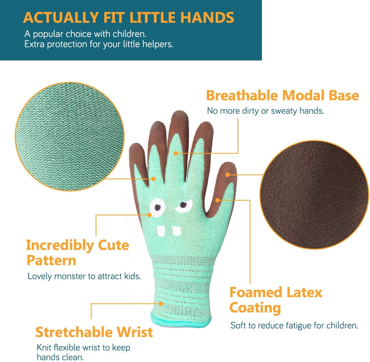 2 Pairs Modal Toddler Work Gloves Ages 2-5, Rubber Coated Kids Gardening Gloves for Children, Ultra Soft Skin-Friendly (Little Monster Series, Small S)
