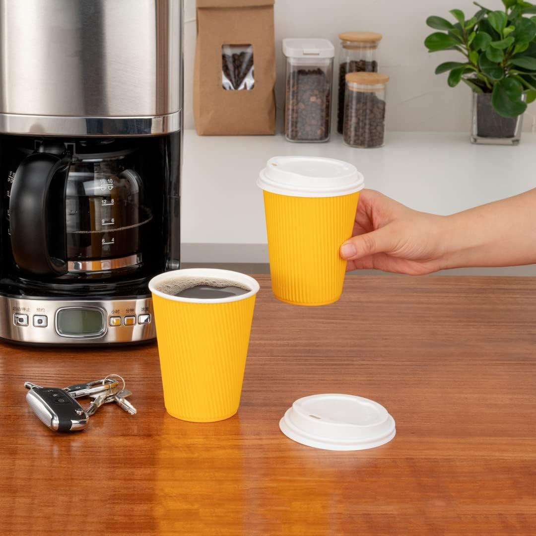-12 Ounce Paper Coffee Cups, 25 Ripple Wall Disposable Paper Cups - Leakproof, Recyclable, Yellow Paper Hot Cups, Insulated, Matching Lids Sold Separately