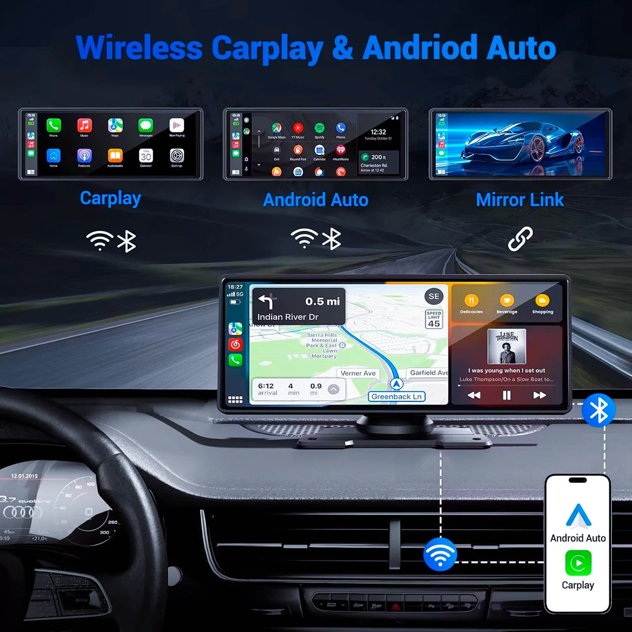 11 Inches Android Auto Universal Portable Carplay for Car Screen Car Radio WIFI Video Wireless Carplay Screen for Apple