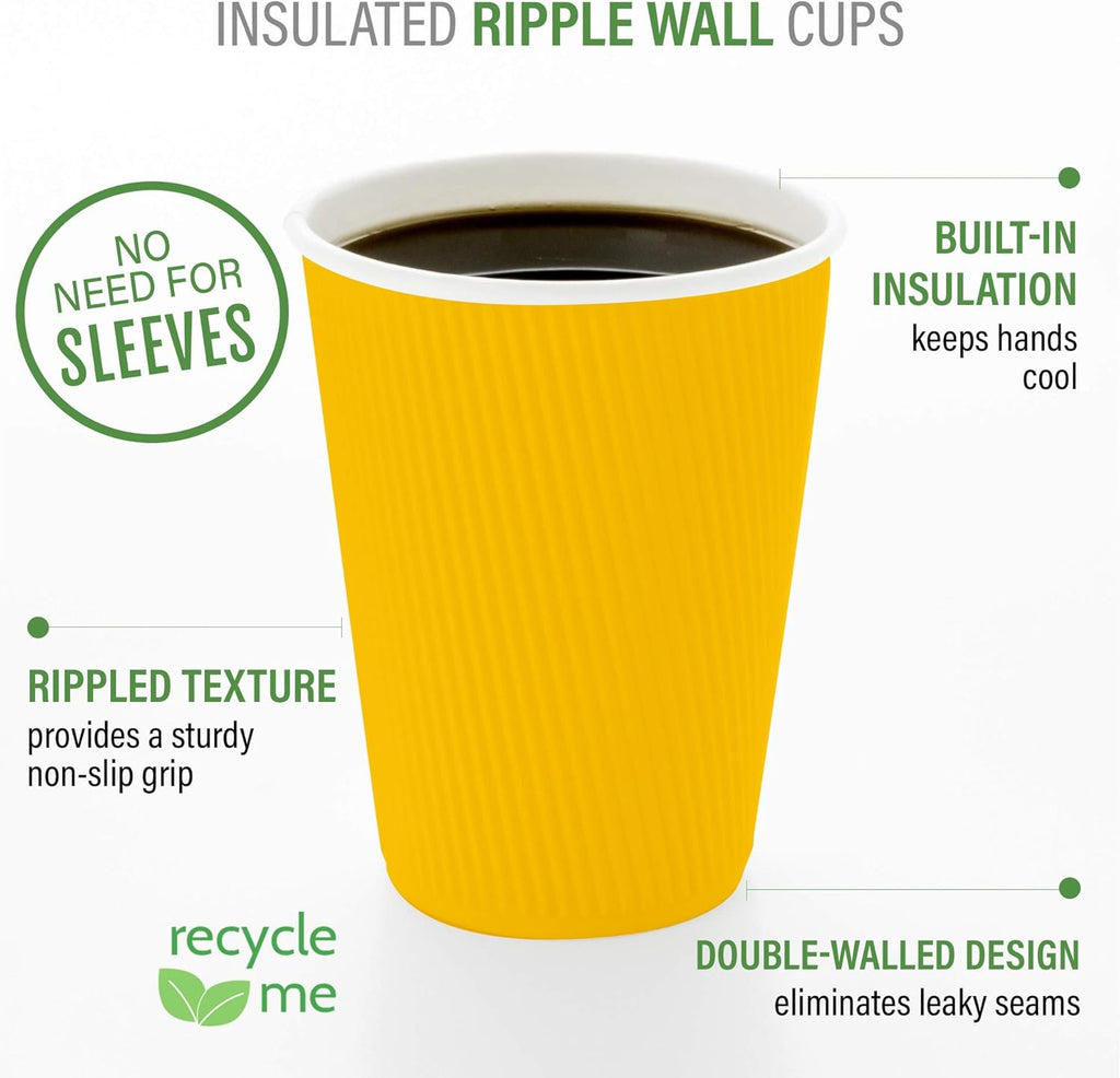 -12 Ounce Paper Coffee Cups, 25 Ripple Wall Disposable Paper Cups - Leakproof, Recyclable, Yellow Paper Hot Cups, Insulated, Matching Lids Sold Separately