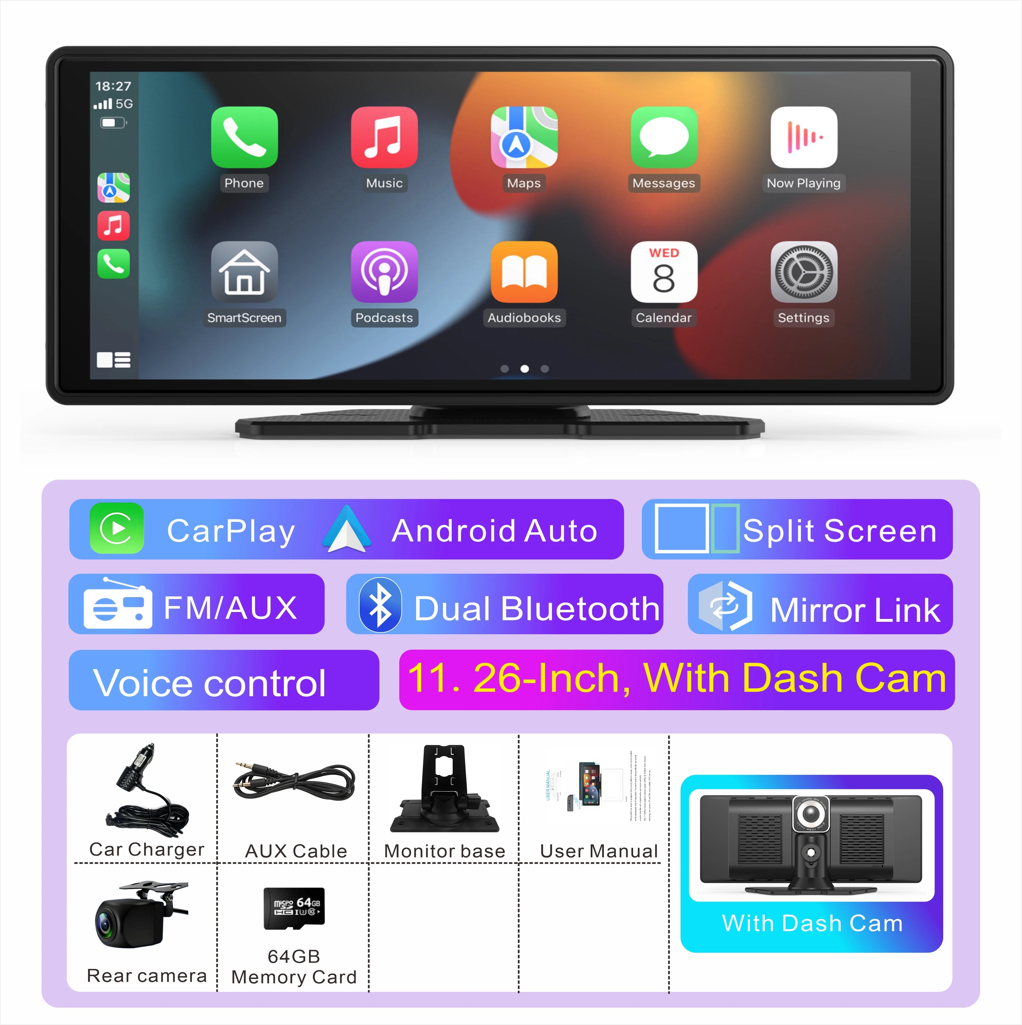 11 Inches Android Auto Universal Portable Carplay for Car Screen Car Radio WIFI Video Wireless Carplay Screen for Apple