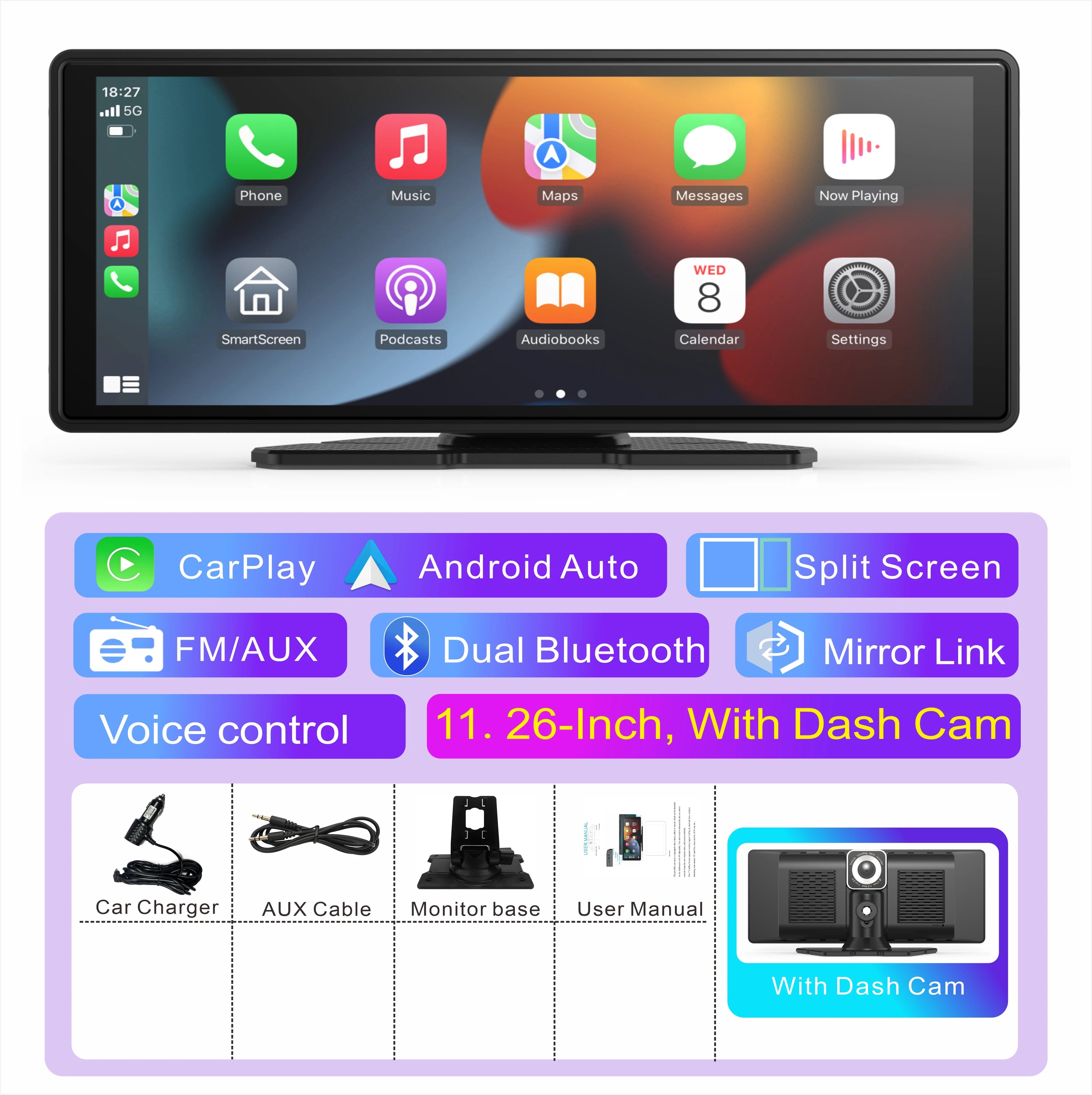 11 Inches Android Auto Universal Portable Carplay for Car Screen Car Radio WIFI Video Wireless Carplay Screen for Apple
