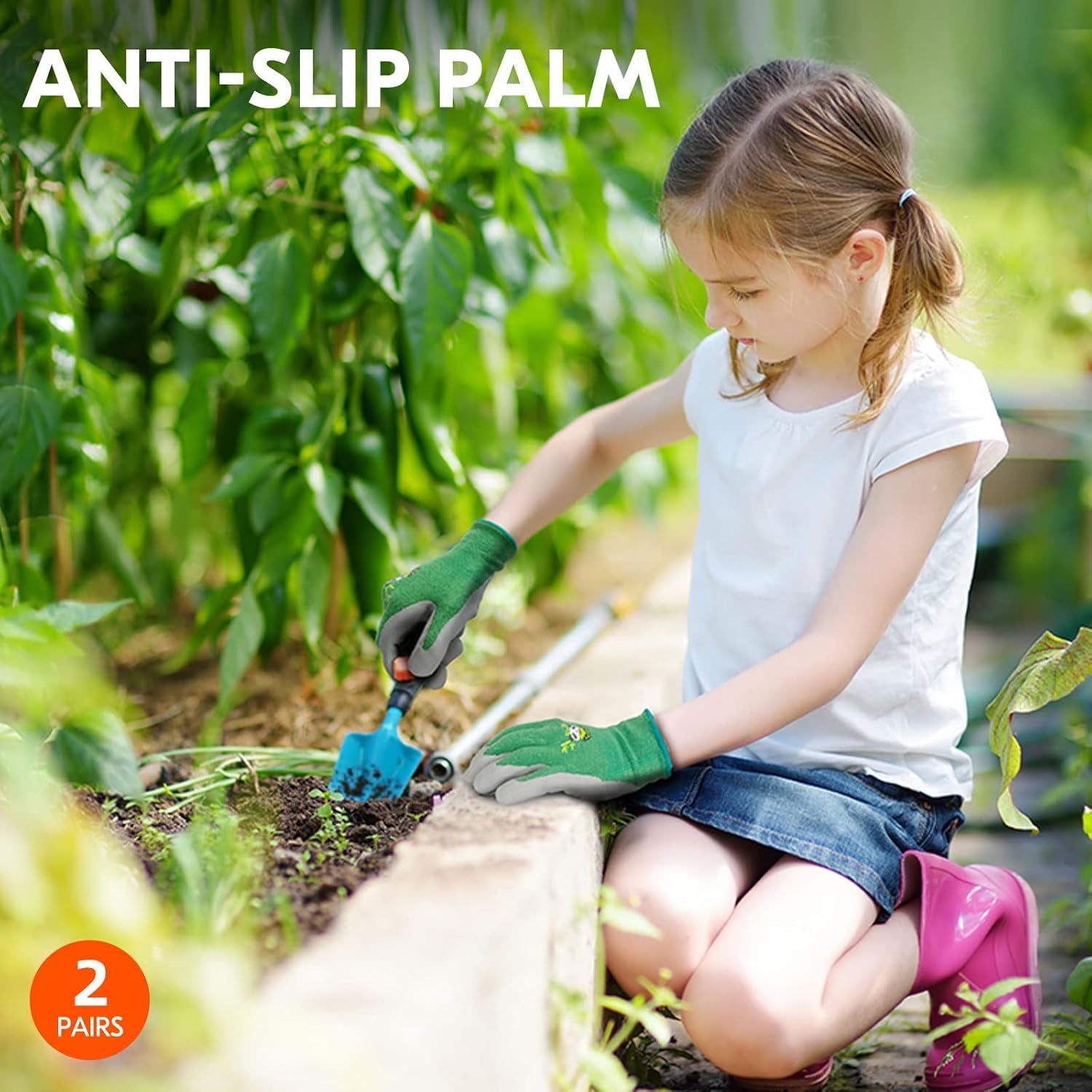 2-Pairs Age 5-7 Kids Garden Gloves, Bamboo Fibre Toddler Gardening Gloves, Children Yard Safety Work Gloves,Rubber(Size XXS, Green, KID-RB6026)