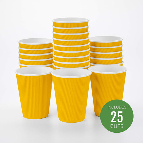 -12 Ounce Paper Coffee Cups, 25 Ripple Wall Disposable Paper Cups - Leakproof, Recyclable, Yellow Paper Hot Cups, Insulated, Matching Lids Sold Separately