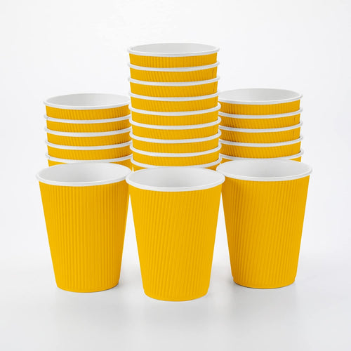 -12 Ounce Paper Coffee Cups, 25 Ripple Wall Disposable Paper Cups - Leakproof, Recyclable, Yellow Paper Hot Cups, Insulated, Matching Lids Sold Separately