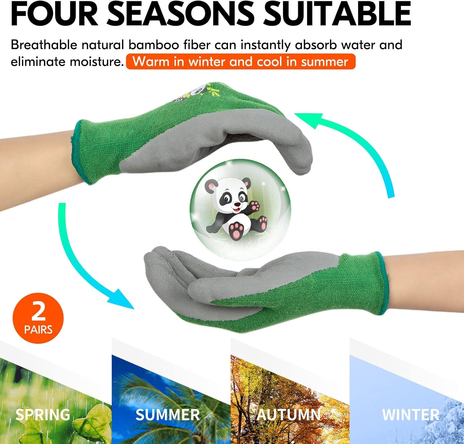 2-Pairs Age 5-7 Kids Garden Gloves, Bamboo Fibre Toddler Gardening Gloves, Children Yard Safety Work Gloves,Rubber(Size XXS, Green, KID-RB6026)