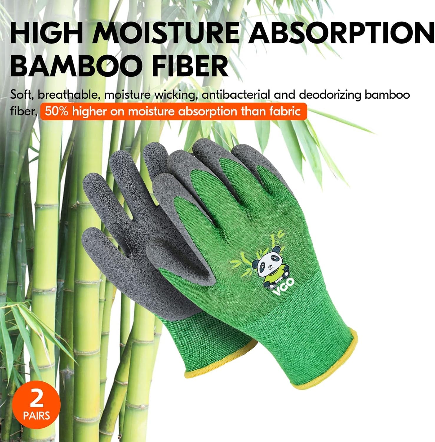 2-Pairs Age 5-7 Kids Garden Gloves, Bamboo Fibre Toddler Gardening Gloves, Children Yard Safety Work Gloves,Rubber(Size XXS, Green, KID-RB6026)